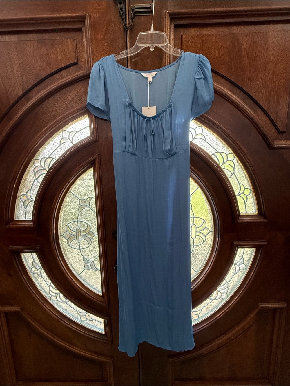Blue Short-Sleeve Midi Dress with Tie Front